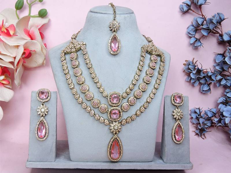 Pink yellow gold premium designer american diamond and stone work necklace set