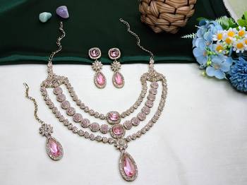 Pink yellow gold premium designer american diamond and stone work necklace set 2