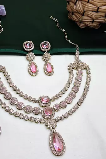 Pink yellow gold premium designer american diamond and stone work necklace set