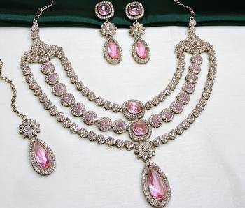 Pink yellow gold premium designer american diamond and stone work necklace set 3
