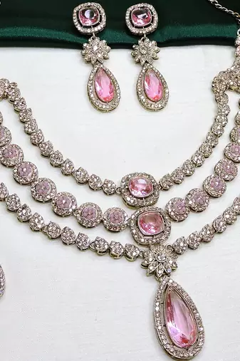 Pink yellow gold premium designer american diamond and stone work necklace set