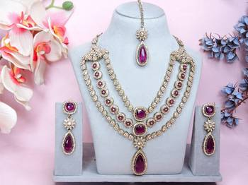 Purple yellow gold premium designer american diamond and stone work necklace set 1