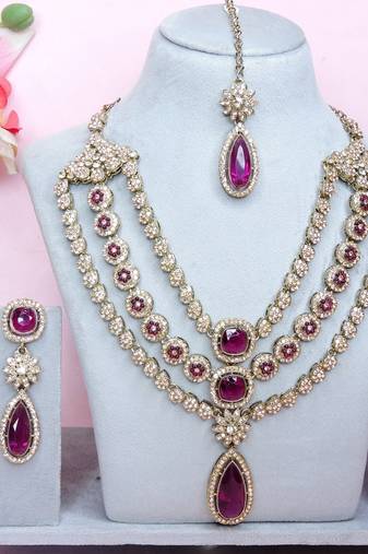 Purple yellow gold premium designer american diamond and stone work necklace set
