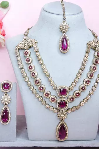 Purple yellow gold premium designer american diamond and stone work necklace set