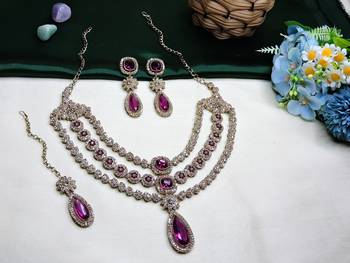 Purple yellow gold premium designer american diamond and stone work necklace set 2
