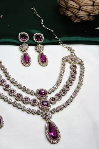 Purple yellow gold premium designer american diamond and stone work necklace set