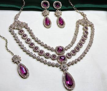 Purple yellow gold premium designer american diamond and stone work necklace set 3