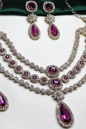Purple yellow gold premium designer american diamond and stone work necklace set