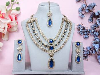 Blue yellow gold premium designer american diamond and stone work necklace set 1