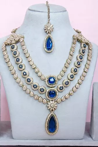 Blue yellow gold premium designer american diamond and stone work necklace set