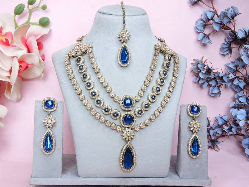 Blue yellow gold premium designer american diamond and stone work necklace set