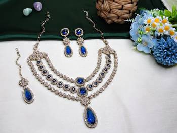 Blue yellow gold premium designer american diamond and stone work necklace set 2