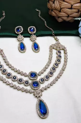 Blue yellow gold premium designer american diamond and stone work necklace set