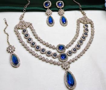 Blue yellow gold premium designer american diamond and stone work necklace set 3