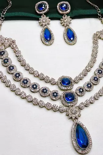 Blue yellow gold premium designer american diamond and stone work necklace set