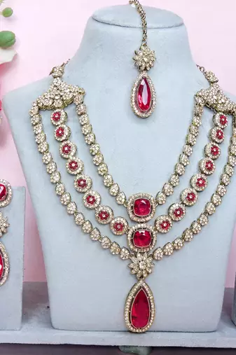 Pink yellow gold premium designer american diamond and stone work necklace set