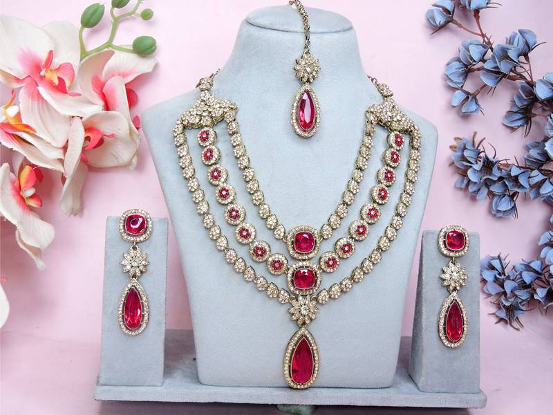 Pink yellow gold premium designer american diamond and stone work necklace set