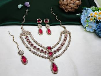 Pink yellow gold premium designer american diamond and stone work necklace set 2