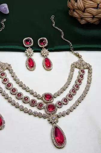 Pink yellow gold premium designer american diamond and stone work necklace set