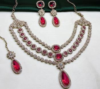 Pink yellow gold premium designer american diamond and stone work necklace set 3