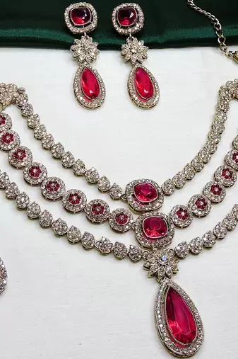 Pink yellow gold premium designer american diamond and stone work necklace set