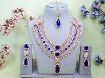 Blue rose gold premium designer american diamond and stone work necklace set 1