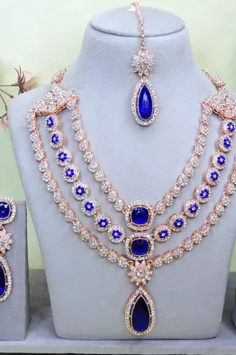 Blue rose gold premium designer american diamond and stone work necklace set