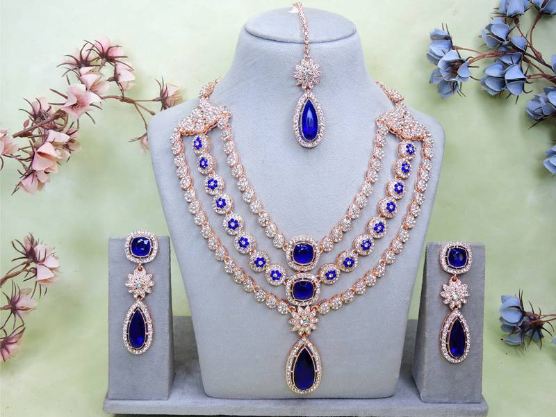 Blue rose gold premium designer american diamond and stone work necklace set