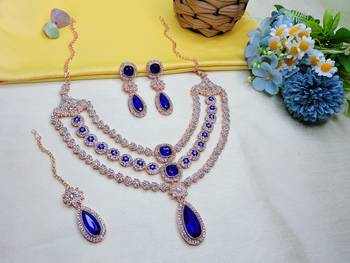 Blue rose gold premium designer american diamond and stone work necklace set 2