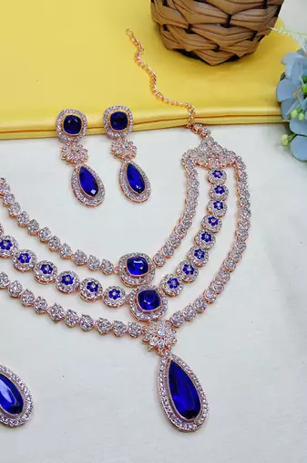 Blue rose gold premium designer american diamond and stone work necklace set