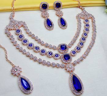 Blue rose gold premium designer american diamond and stone work necklace set 3