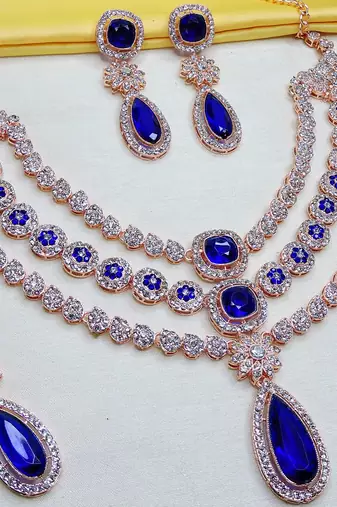Blue rose gold premium designer american diamond and stone work necklace set