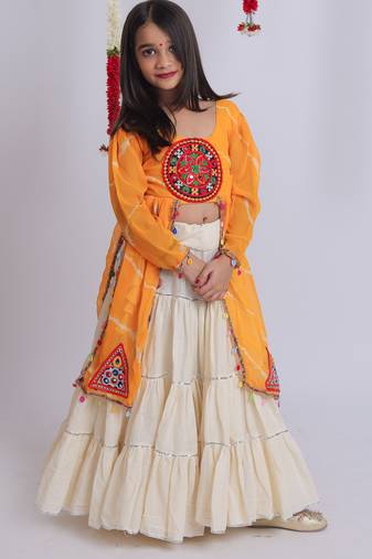 Navaratri special gota patti work lehenga with gamthi patch & cowrie lace work top for kids