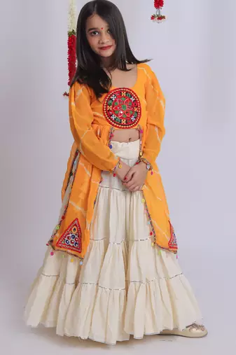 Navaratri special gota patti work lehenga with gamthi patch & cowrie lace work top for kids