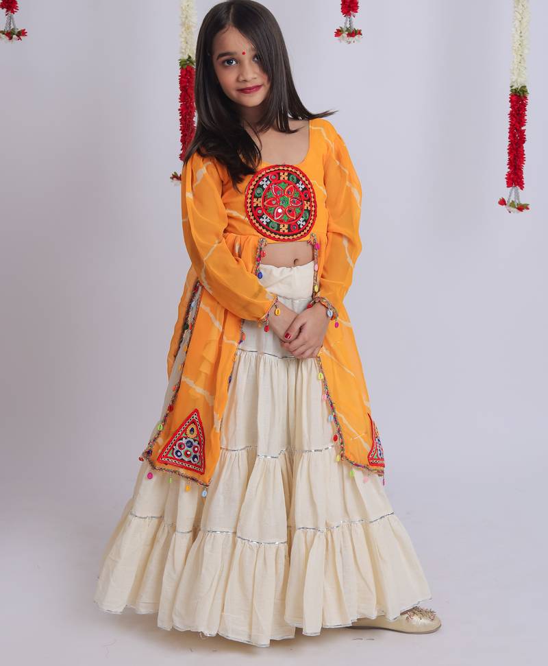 Navaratri special gota patti work lehenga with gamthi patch & cowrie lace work top for kids