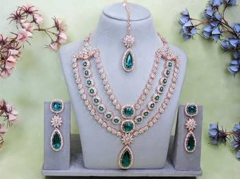 Green rose gold premium designer american diamond and stone work necklace set 1