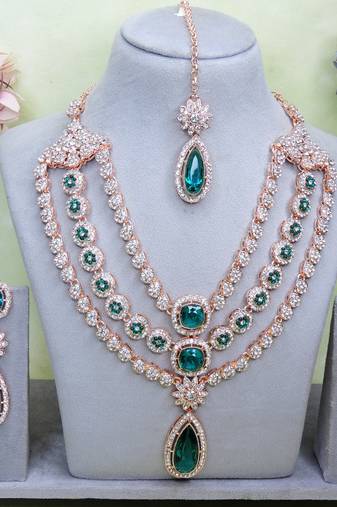 Green rose gold premium designer american diamond and stone work necklace set