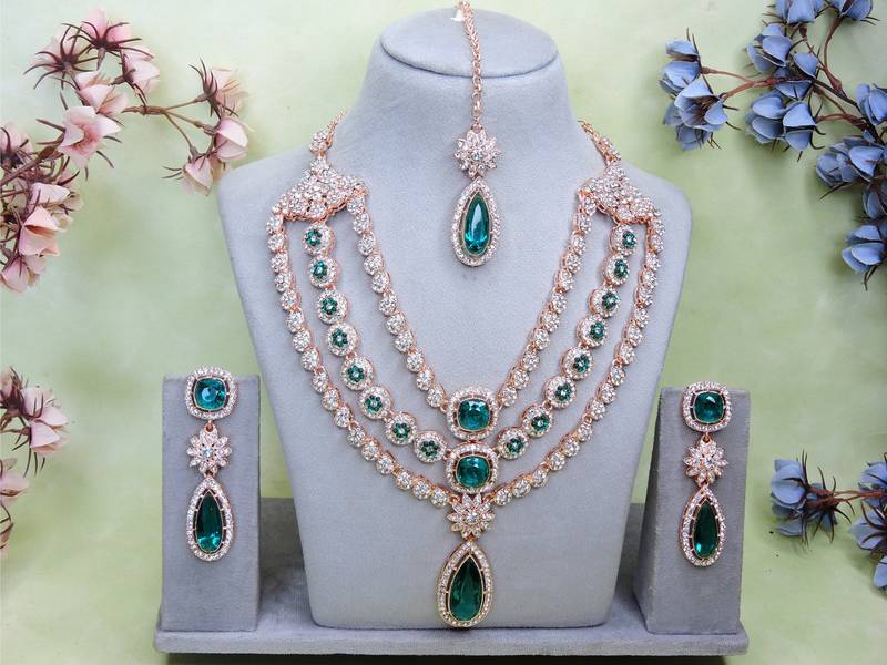 Green rose gold premium designer american diamond and stone work necklace set
