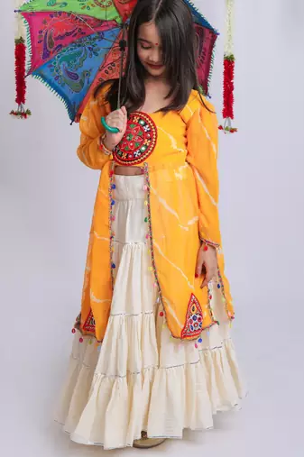 Navaratri special gota patti work lehenga with gamthi patch & cowrie lace work top for kids
