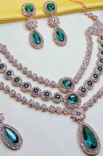 Green rose gold premium designer american diamond and stone work necklace set