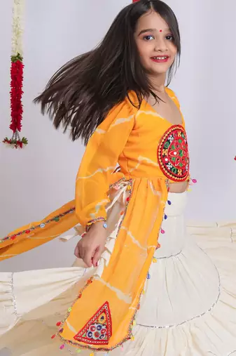 Navaratri special gota patti work lehenga with gamthi patch & cowrie lace work top for kids