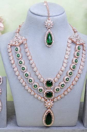 Green rose gold premium designer american diamond and stone work necklace set