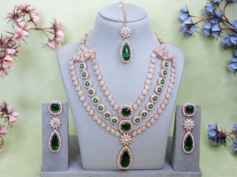 Green rose gold premium designer american diamond and stone work necklace set