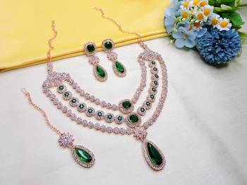 Green rose gold premium designer american diamond and stone work necklace set 2