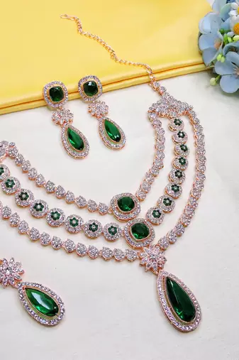 Green rose gold premium designer american diamond and stone work necklace set