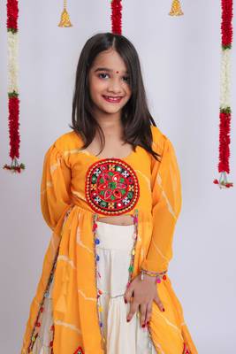 Navaratri special gota patti work lehenga with gamthi patch & cowrie lace work top for kids 4