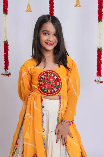 Navaratri special gota patti work lehenga with gamthi patch & cowrie lace work top for kids