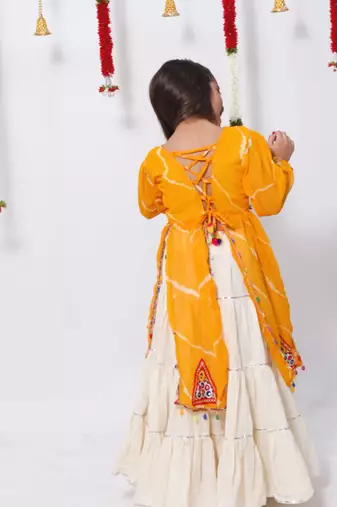 Navaratri special gota patti work lehenga with gamthi patch & cowrie lace work top for kids