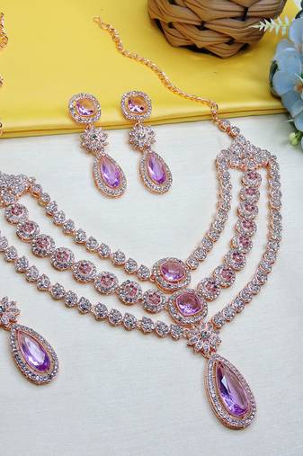 Purple rose gold premium designer american diamond and stone work necklace set