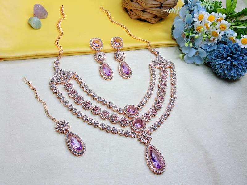 Purple rose gold premium designer american diamond and stone work necklace set